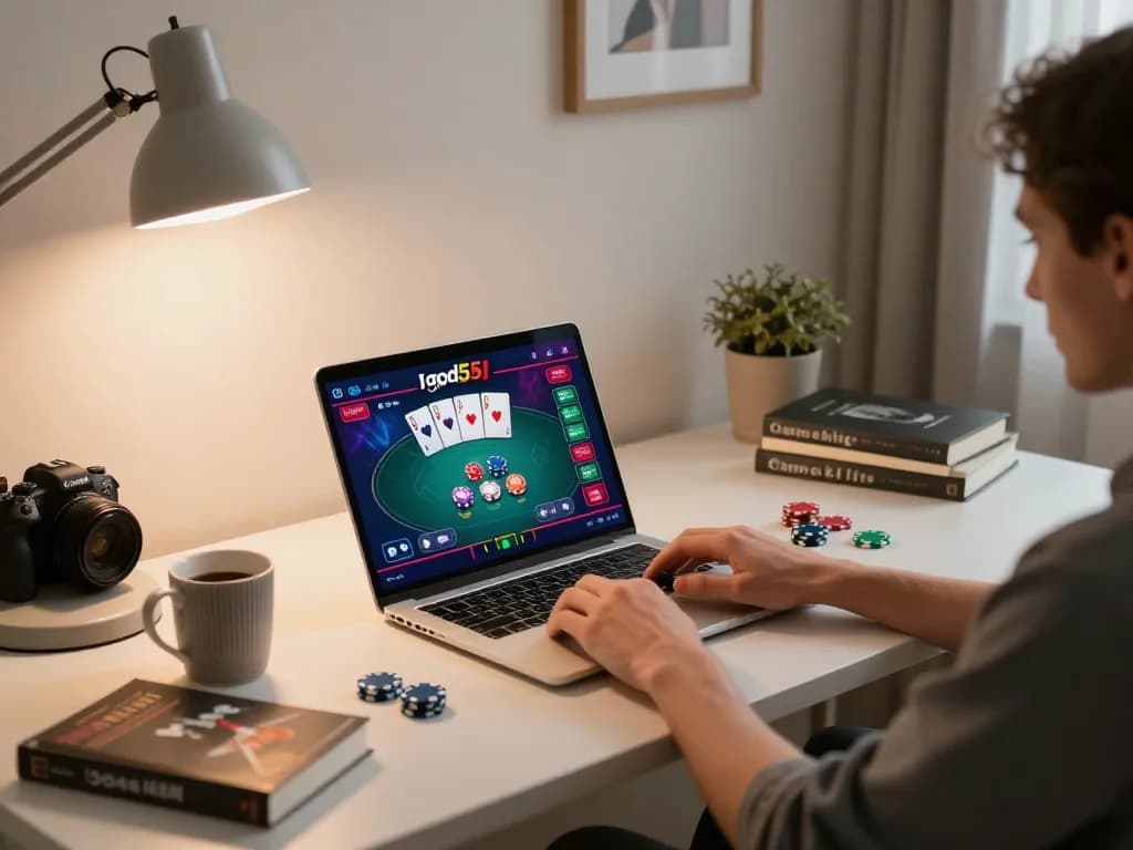 Engaged player exploring god55 casino games on a laptop at home office desk