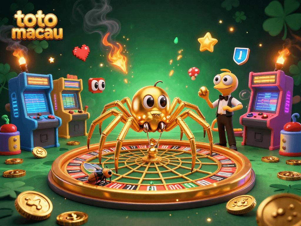 Engage in thrilling gameplay at toto macau featuring a golden spider and vibrant casino elements.