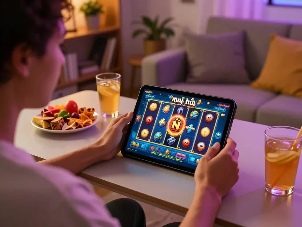 Engaged player enjoying nổ hũ on a tablet in a cozy home setting, highlighting the excitement of online gaming