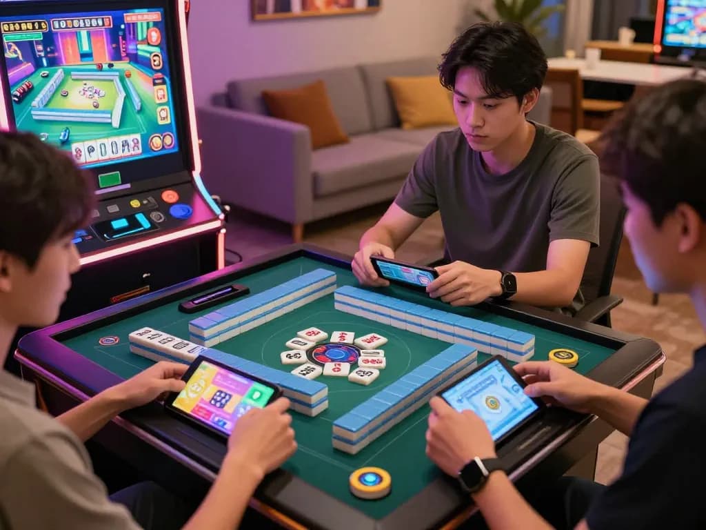 Players enjoying slot mahjong on mobile devices, showcasing excitement in online gaming.