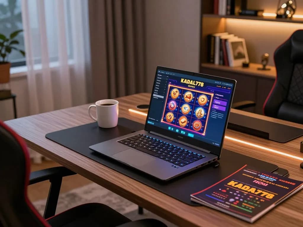 KADAL778 online casino game interface showcased on a chic modern laptop in a cozy home office.