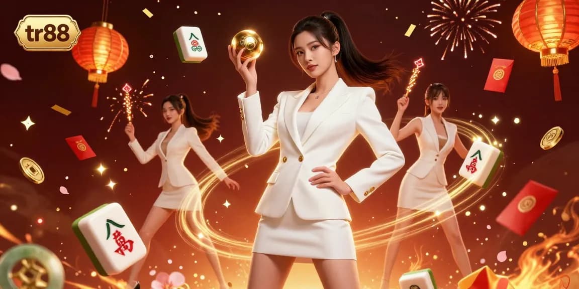 Engaging illustration of tr88 featuring a confident Asian woman in a tuxedo holding a roulette ball amidst vibrant casino elements.
