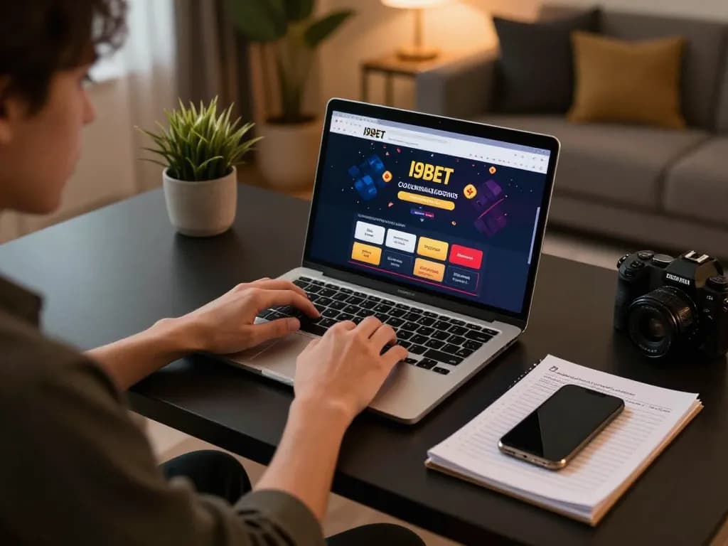 I9BET player engaged in strategic online poker gameplay, showcasing a cozy gambling setup with a laptop and notes.