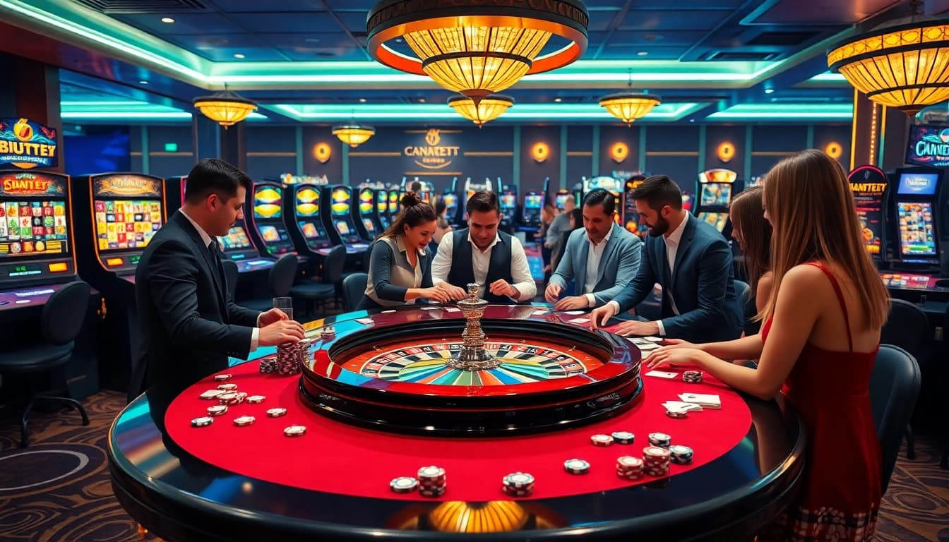 Players enjoying exciting casino games at 55WW in a luxurious setting, showcasing table games and slot machines.