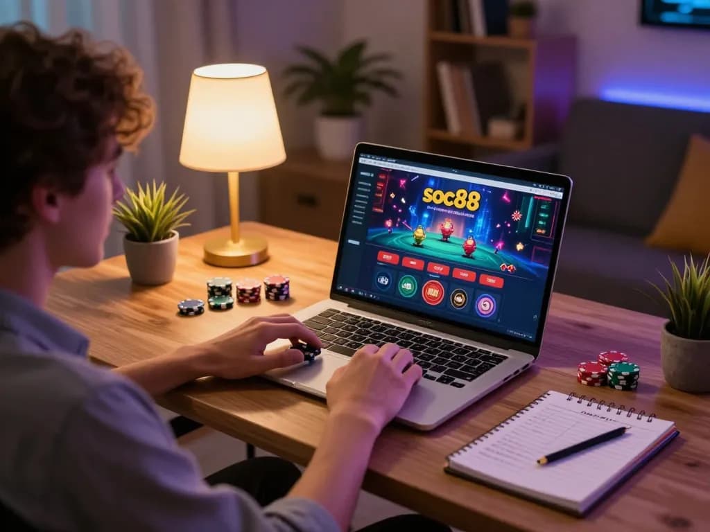 Engage in online gambling with soc88 platform at a stylish home gaming setup featuring laptop and betting notes.