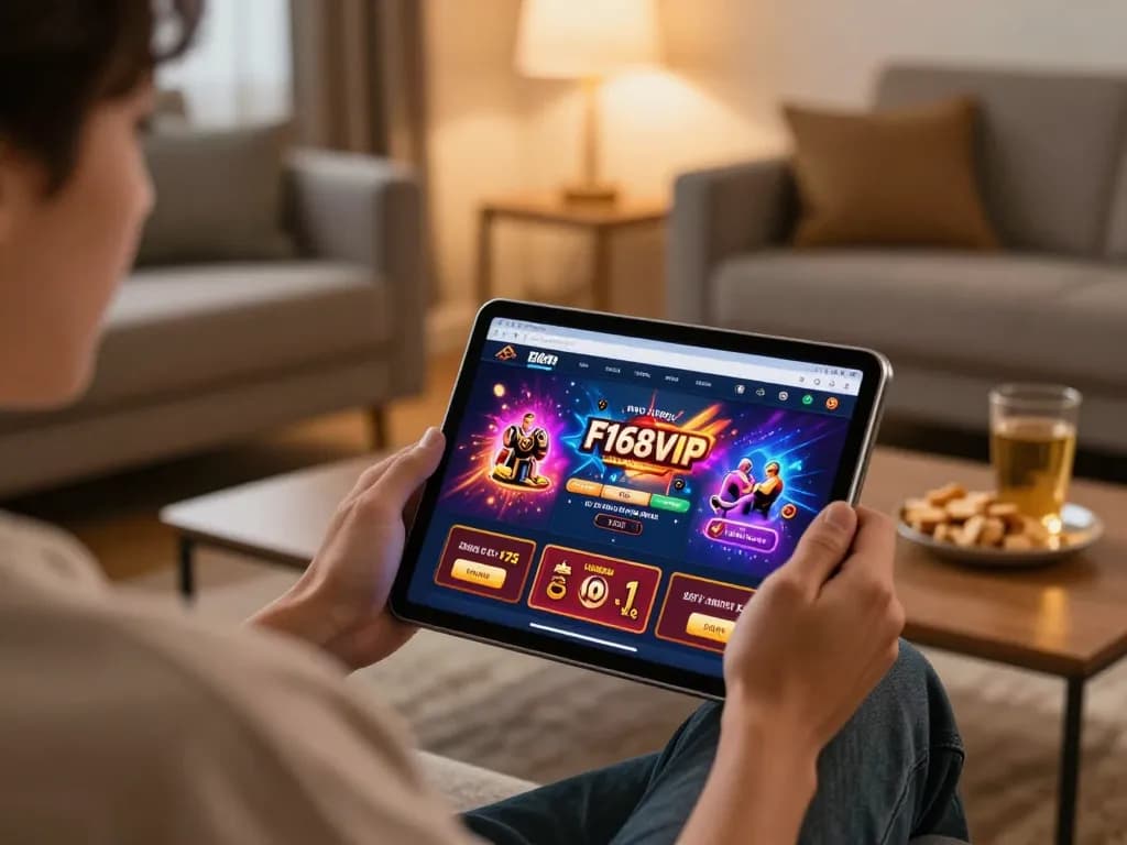 Engaging with F168VIP mobile casino app in a cozy home setting, blending entertainment and strategy.