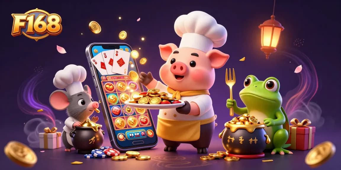 Experience exciting slot games with F168 as a chef pig serves gold coins in this vibrant casino scene.
