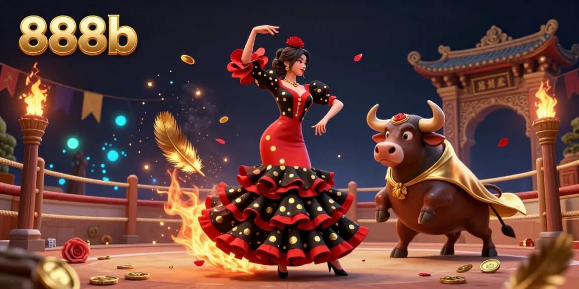 Experience the thrill of 888b with a captivating flamenco dancer and a striking bull in this engaging gaming scene.
