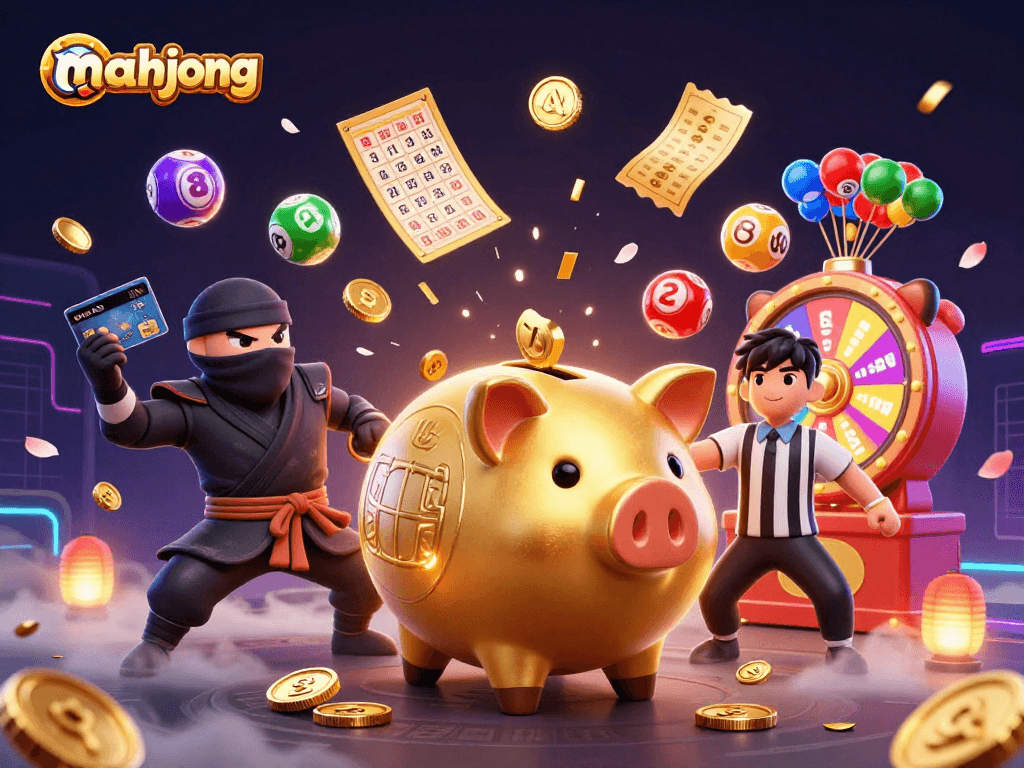 Play mahjong and enjoy thrilling jackpots with our exciting casino illustration featuring vibrant 3D characters and elements.