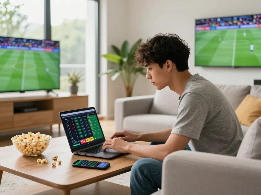 Youth engaging in online betting on debet platform in a modern living room with sports memorabilia.