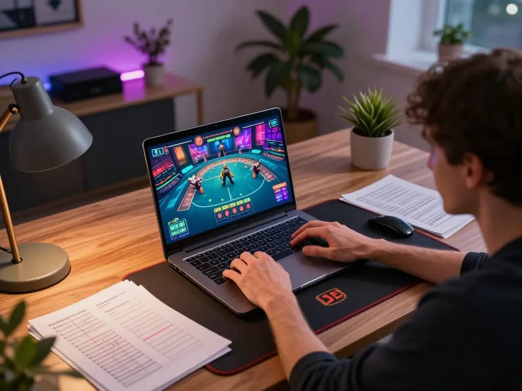 Person engaged in intense online poker at home using transcrime strategies, showcasing gaming setup with strategic notes.