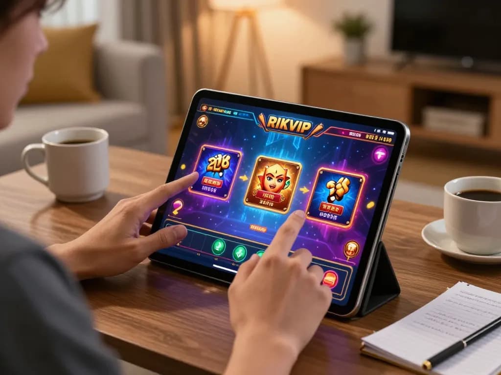Engaged player using RIKVIP on a tablet in a cozy home setting, showcasing vibrant gaming interface and strategy notes.
