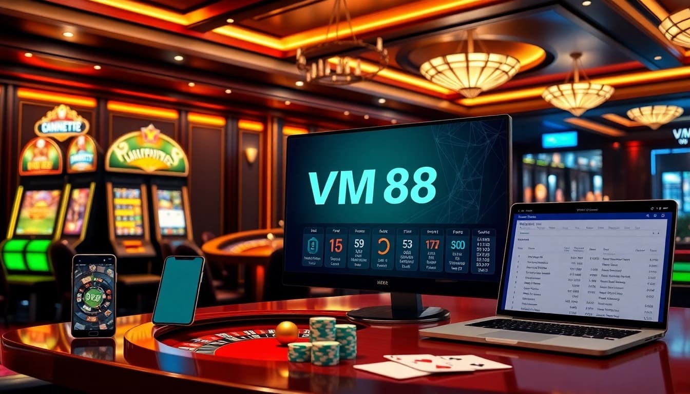 Engaging VM88 online casino interface displaying dynamic slot reels and live roulette wheel action