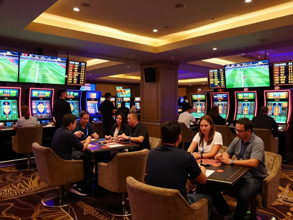 Tỷ lệ kèo nhà cái displayed prominently on sports betting screens in a lively casino atmosphere