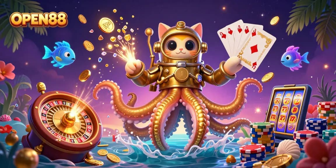 Experience the thrill at OPEN88 with a vivid 3D casino scene showcasing a kraken, diving cat, and casino games.