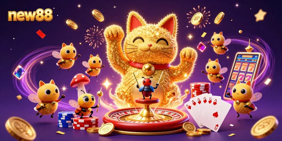 Experience vibrant casino excitement with new88's magical lucky cat and dynamic gaming elements.