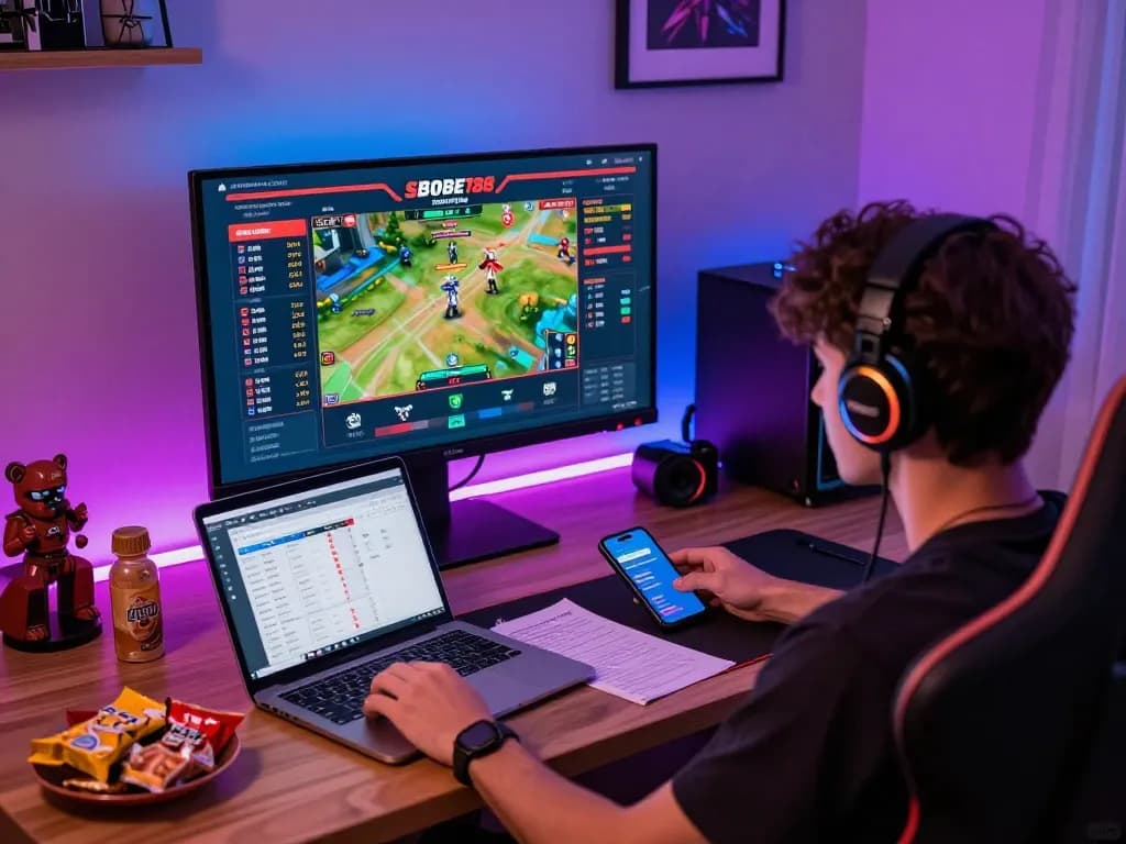 Engaged user placing bets on SBOBET88 online gaming platform with vibrant decor.