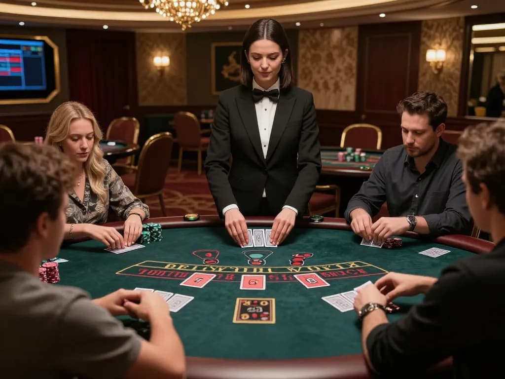 SC88 players strategizing at a blackjack table with a professional dealer in a luxury environment.