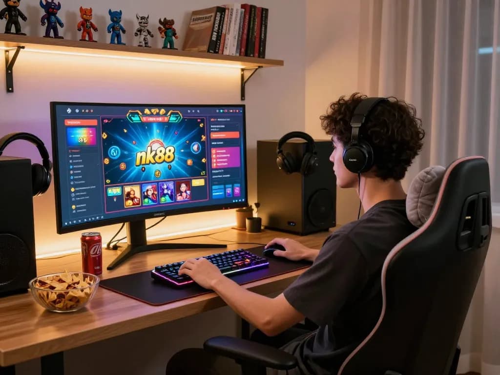 Engaging gaming scene with nk88 online interface and vibrant setup.