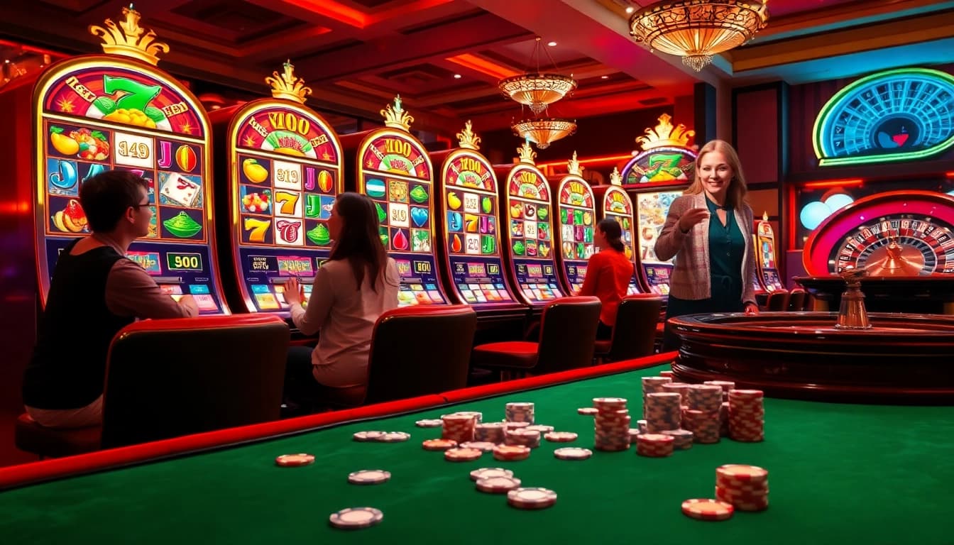 Slot Online players winning at vibrant slot machines in an exciting casino atmosphere.