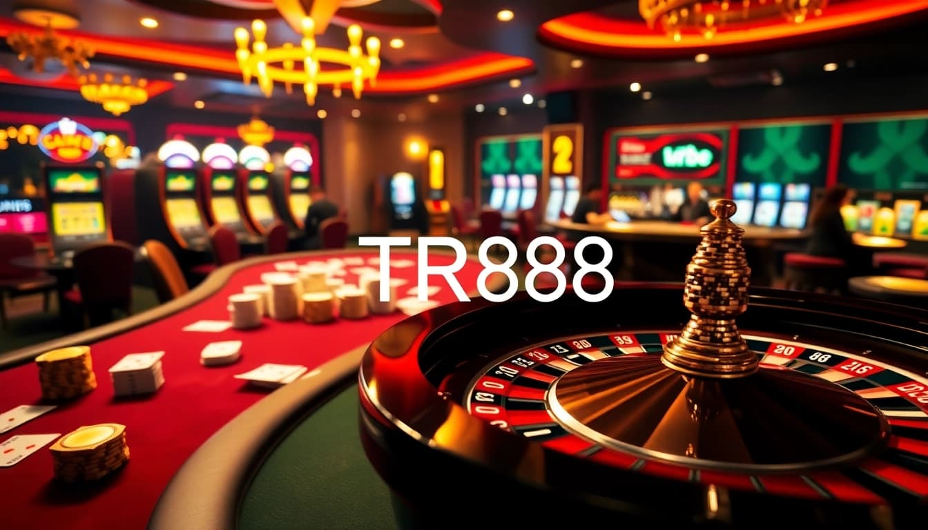 Experience the thrill of TR88 gaming with poker chips and a roulette wheel in a luxurious casino setting.
