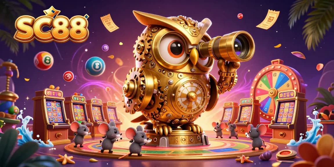 Engage in SC88 gaming with a vibrant casino scene featuring a golden owl and colorful lottery elements.