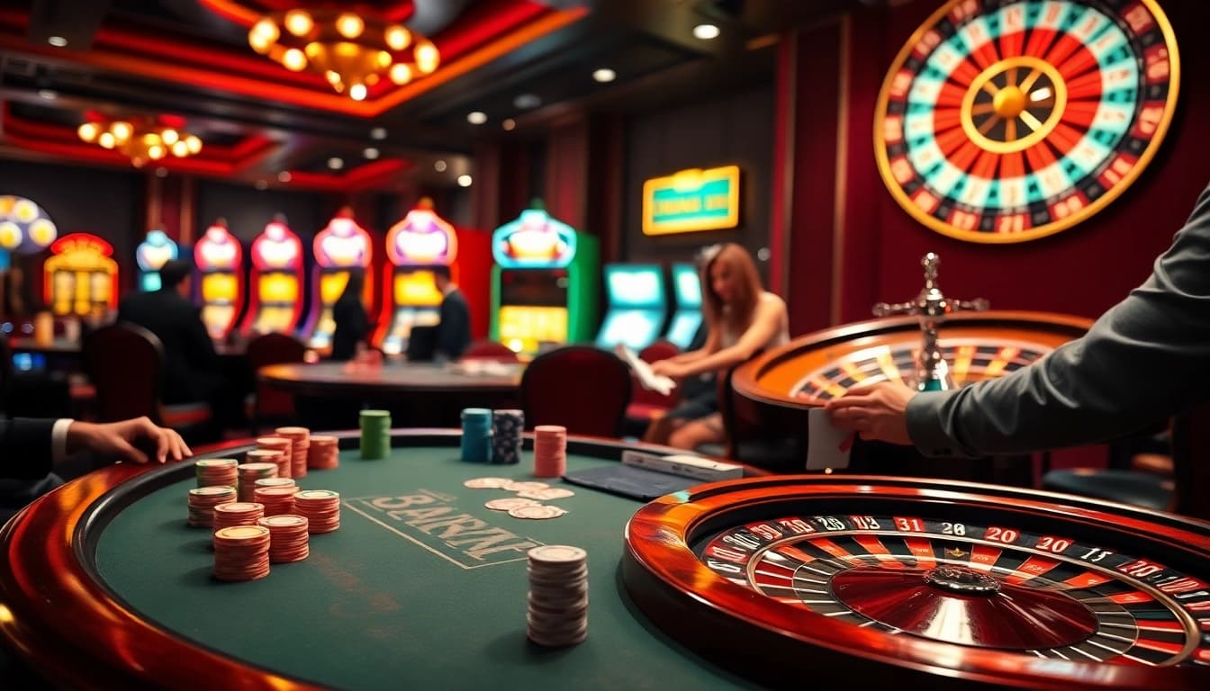Experience the thrill of RR88 casino with players at a vibrant poker table and spinning roulette wheel.