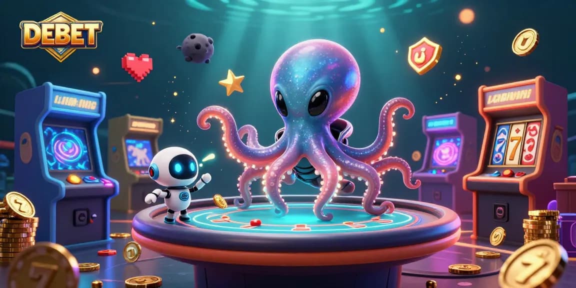 Engage with DEBET while the alien octopus operates a dynamic poker table in a cosmic casino.