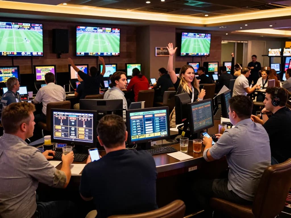 Kèo nhà cái 5 showcasing excited bettors placing wagers in a lively sports betting area
