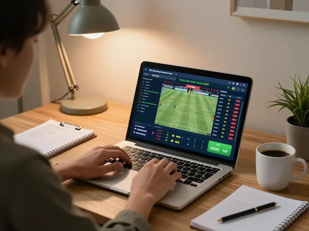 Placing bets on kèo nhà cái in a cozy home office setting with a laptop and warm lighting