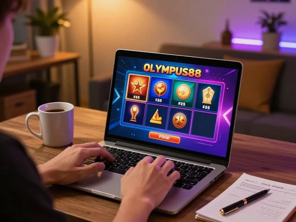 Engaging in online OLYMPUS88 mega slots gaming session, showcasing dynamic betting interface and cozy setup