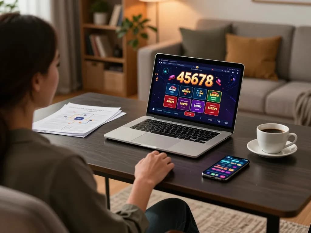 Engaging in online gameplay at 45678 casino with strategic notes and a warm ambiance.