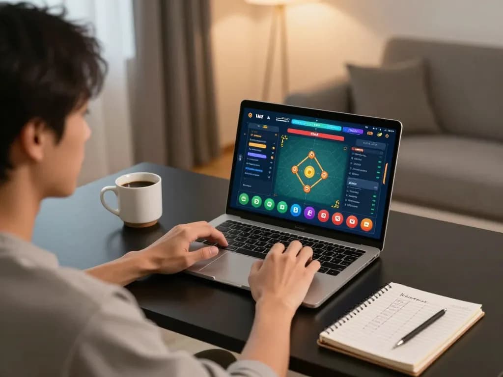 Person actively playing togel pulsa online while seated at modern desk with gaming interface displayed.