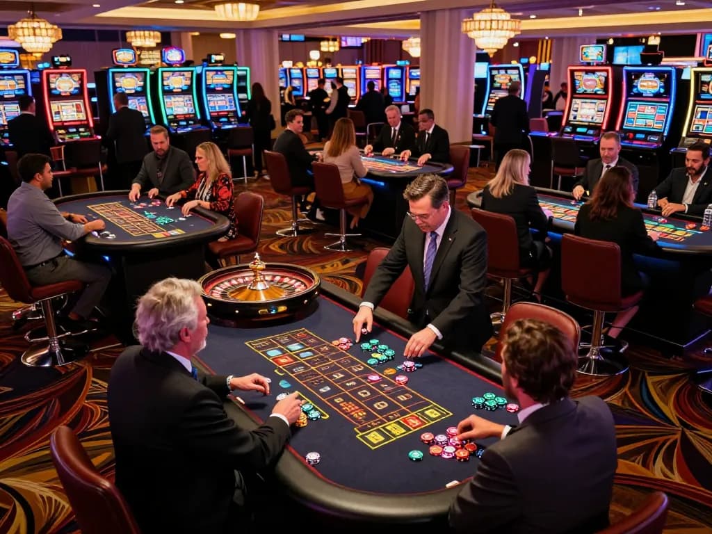 Players bet at roulette tables under vibrant neon lights in Las Vegas casino 5679