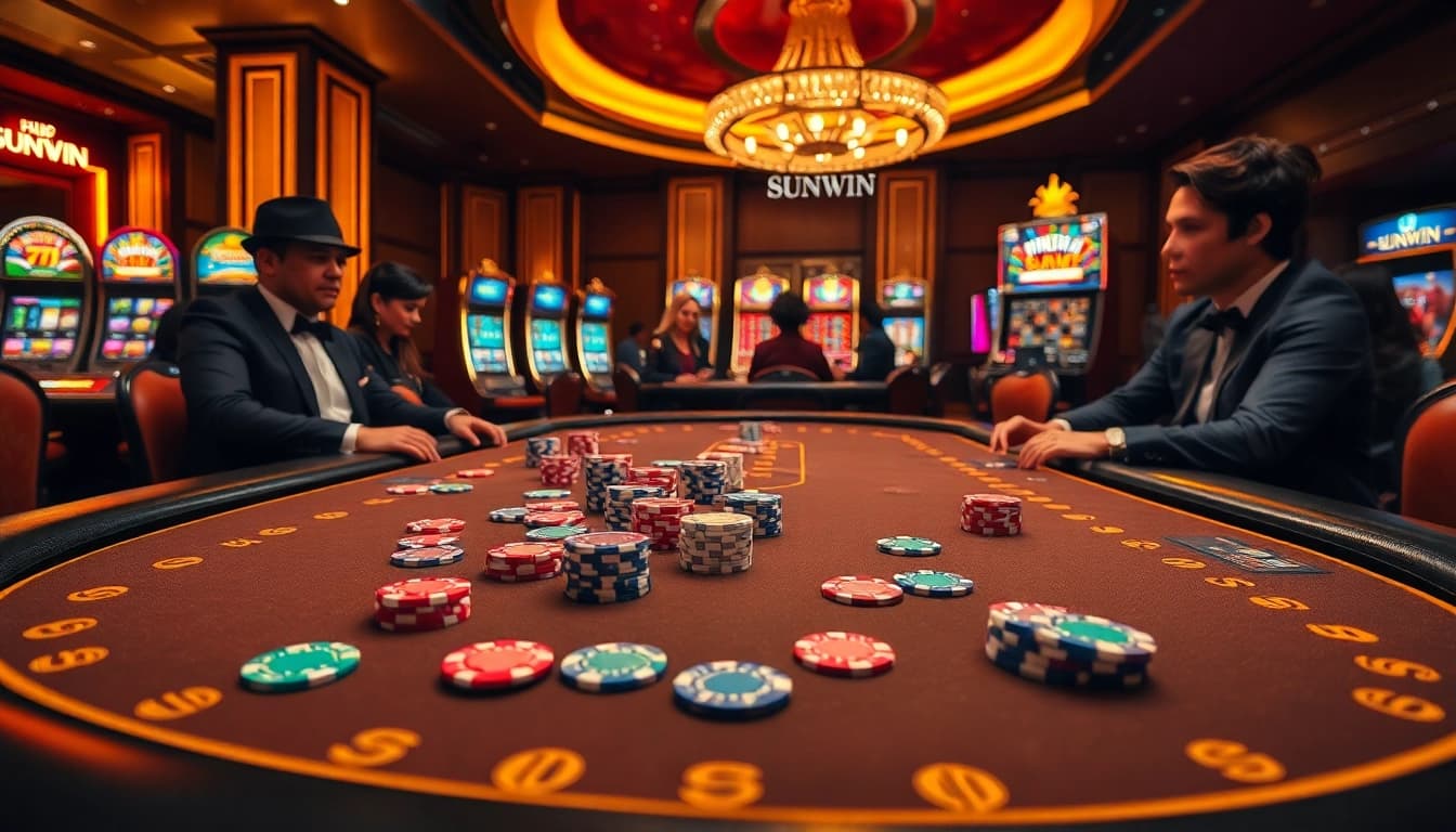 Sunwin poker table with vibrant chips depicting an exciting gambling atmosphere.