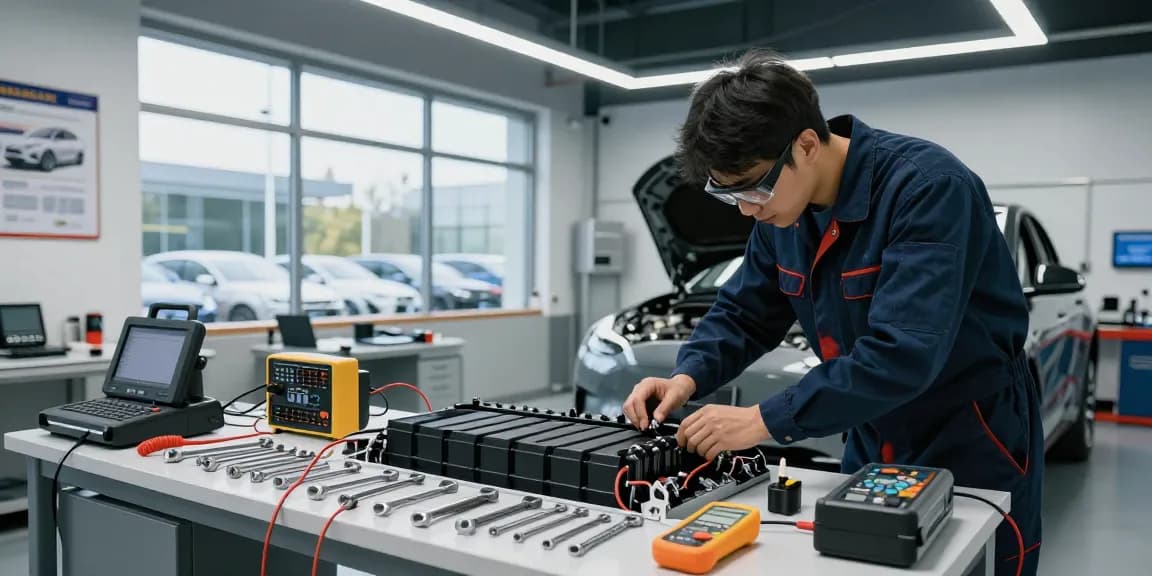 Teknisi memeriksa sistem baterai kendaraan listrik di https://mobile1.habariweb.com/ dalam bengkel modern.