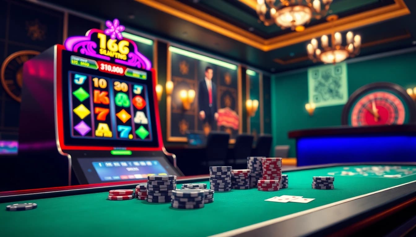 Experience thrilling online gaming at HOLYSLOTS88 with vibrant slot machines and poker chips.