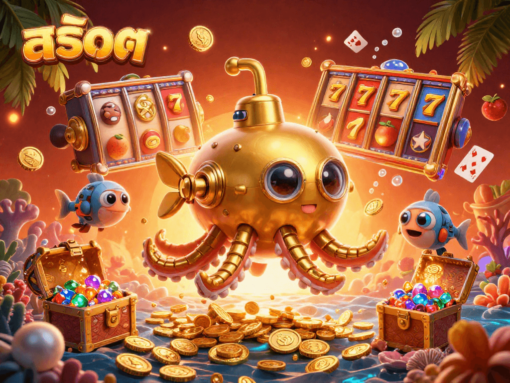 Play exciting สล็อต games amidst gold coins with thrilling kraken submarine, dynamic gambling action.