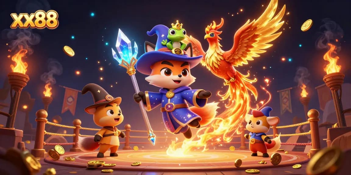 Experience thrilling gameplay at xx88 with a mystical wizard fox and phoenix in a vibrant casino scene.