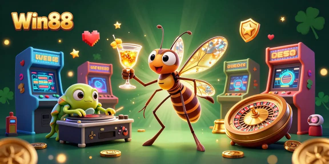 Engage with the dynamic gaming scene at Win88 featuring an animated frozen mosquito mascot and exciting game elements.