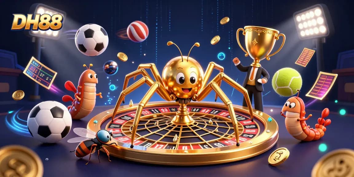 Place bets with DH88 in an exciting 3D casino scene featuring vibrant characters and elements.