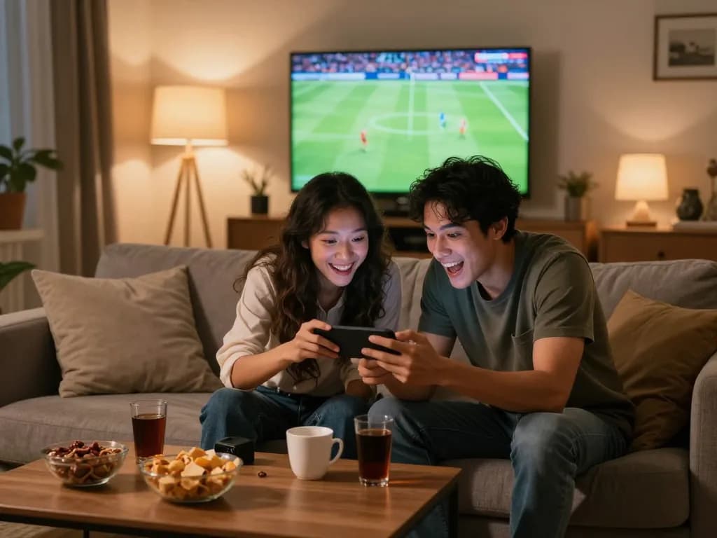 Excited couple engaged in sports betting on sbobet88 smartphone during live soccer match.