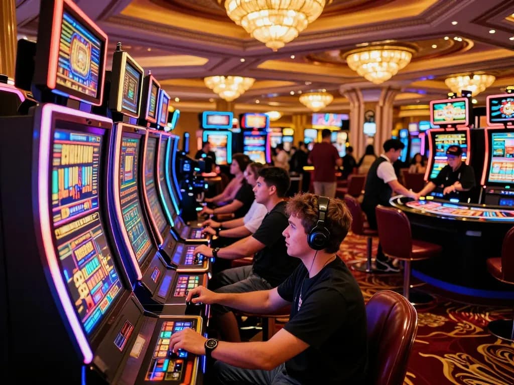 Players engaging with z16 slot machines in a vibrant Vegas casino, neon lights and excitement.