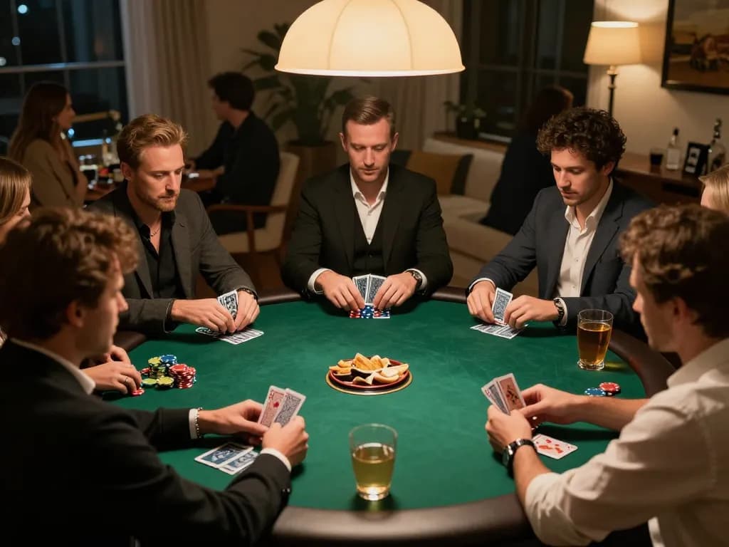 Toto8 link alternatif players strategizing in a warm home poker game environment.