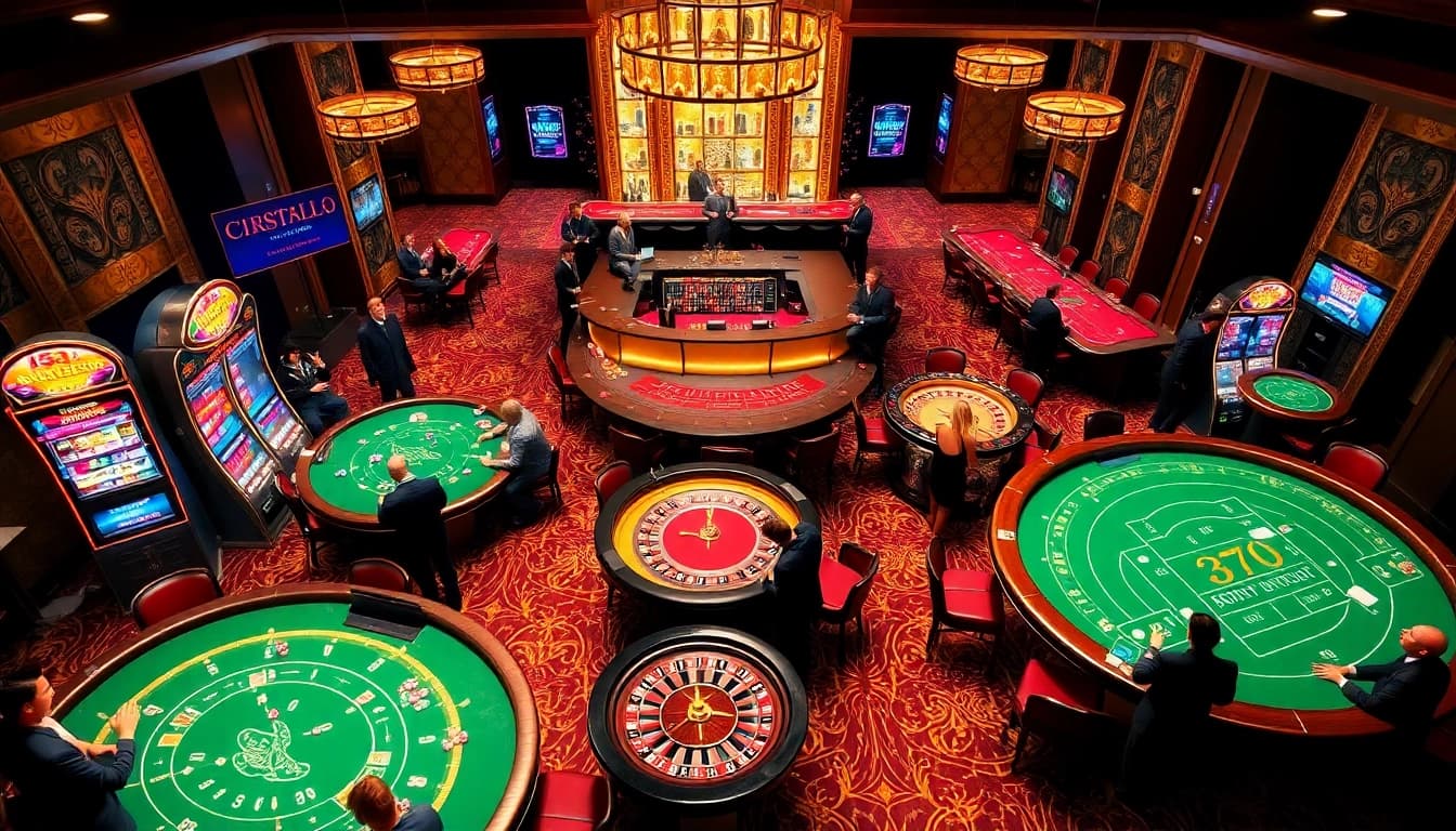 Experience high-stakes gaming at 33win with elegant casino tables, colorful slot machines, and lively players.