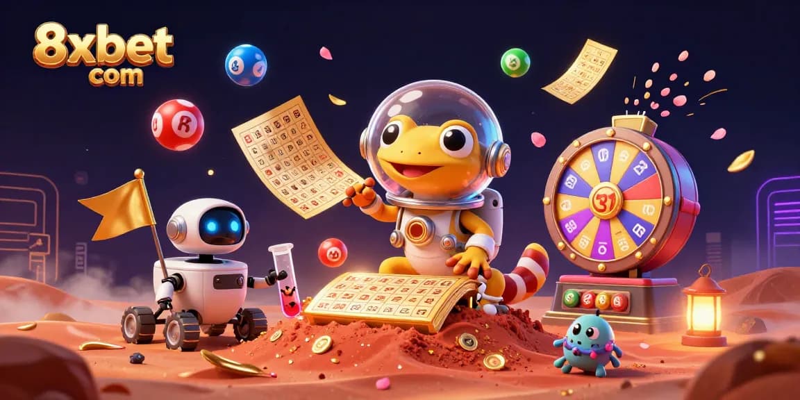 Engage with thrilling games at 8xbet com, celebrating a vibrant casino adventure with Martian gecko and colorful lottery elements.