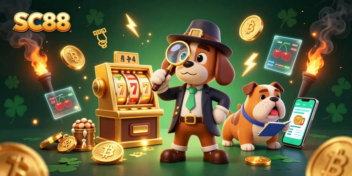 SC88 players uncover treasures while spinning golden slot machine reels in a vibrant casino scene