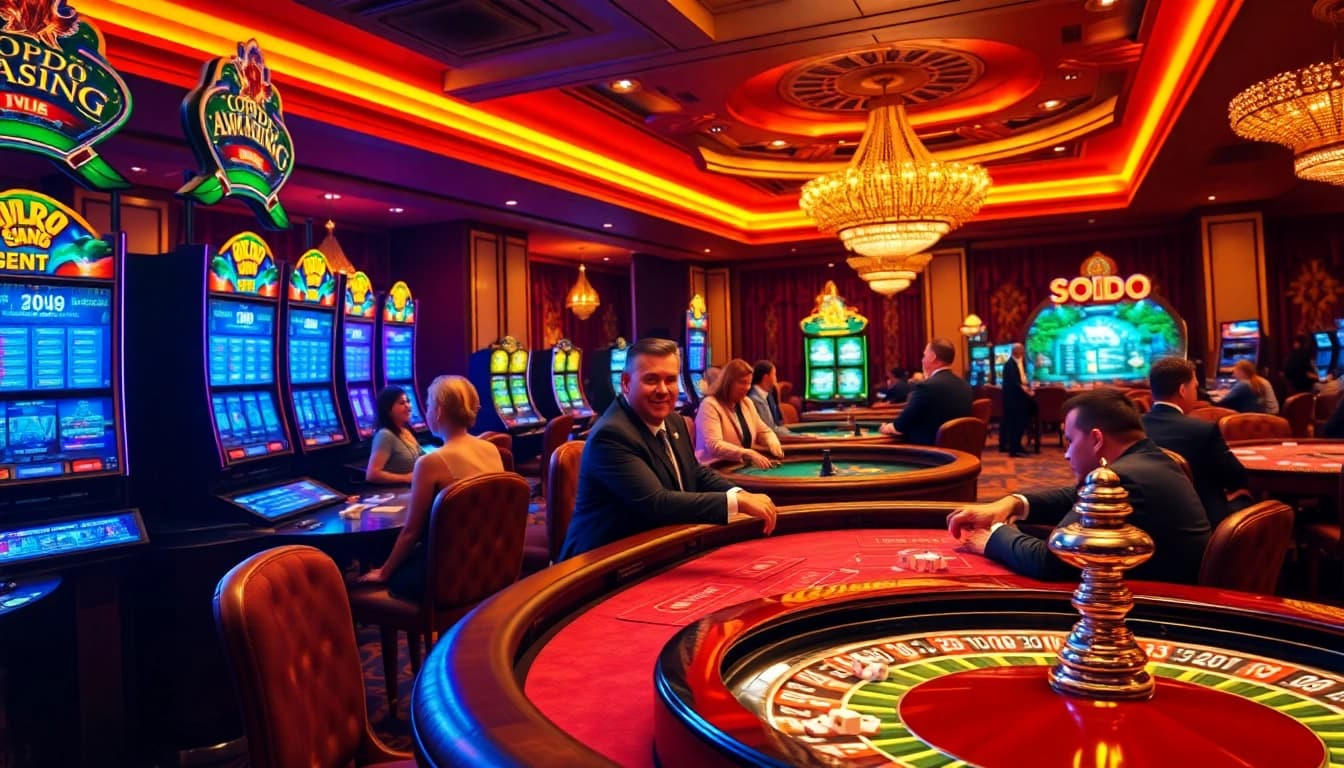SODO CASINO showcases a lively table game scene, with poker players engaged and vibrant slot machines.