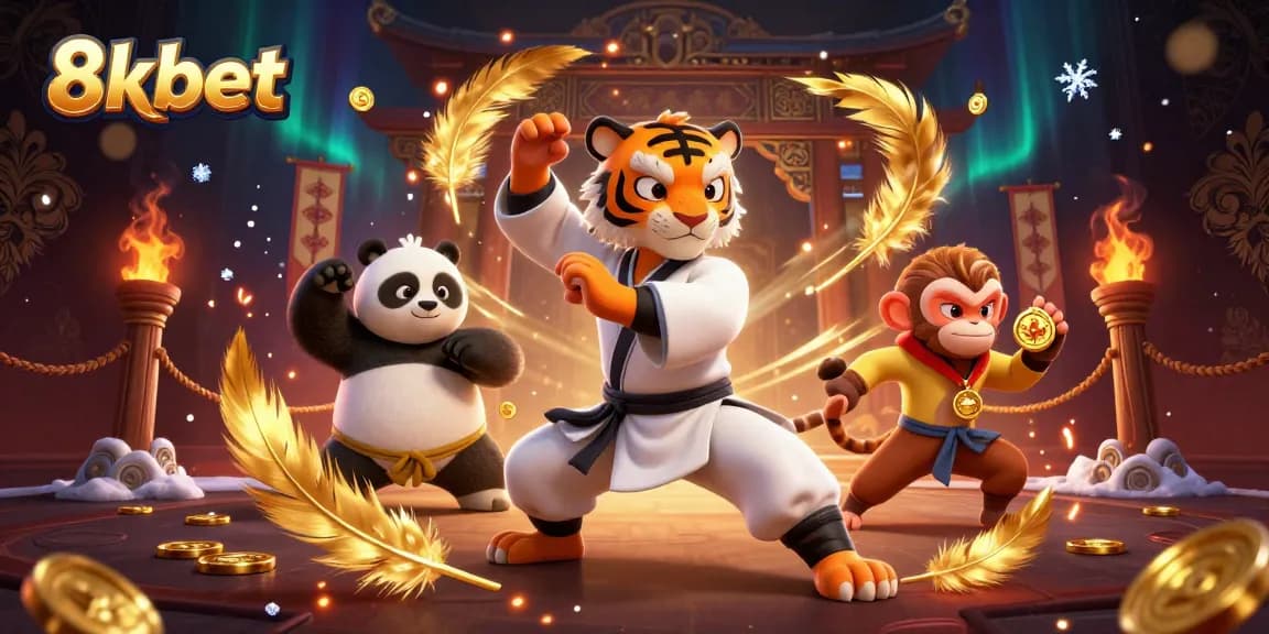 Experience thrilling gaming action with 8xbet as a kung fu tiger teaches in a vibrant casino arena.