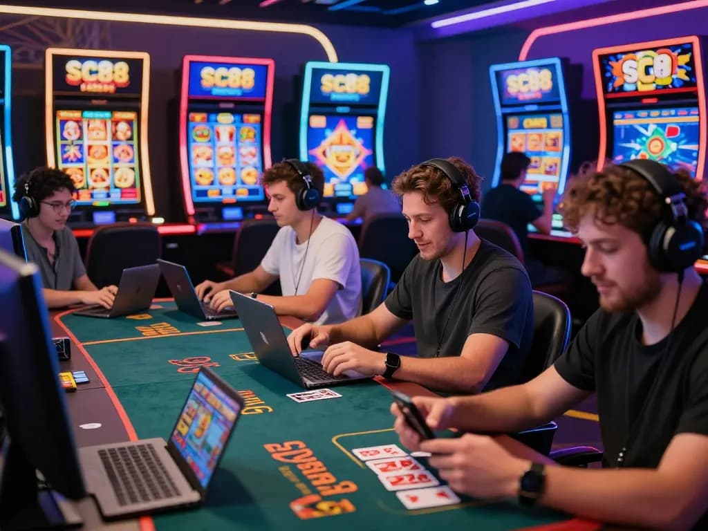 Players enjoying various games at SC88, showcasing mobile and laptop gaming experiences in a vibrant online gambling environment.